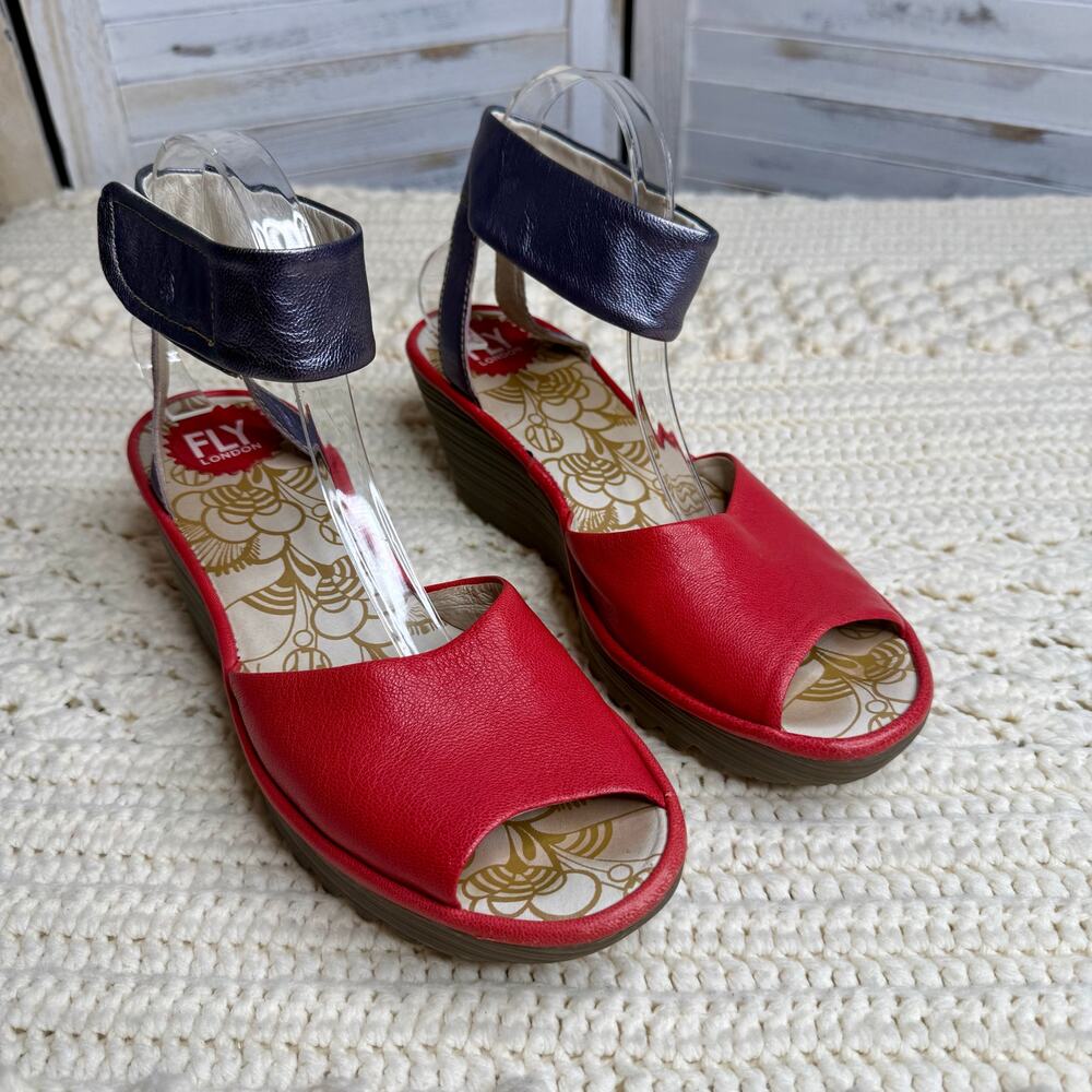 FLY LONDON Women's 40 US 9 YULA Leather Wedge Sandal Red Pewter Ankle Strap - Picture 4 of 16